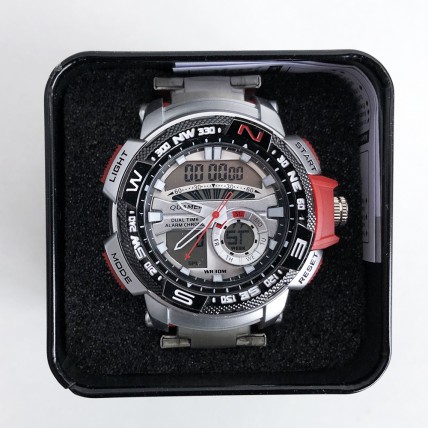 Годинники наручні QUAMER в коробці, браслет карбон, dual time, waterproof з червоними вставками Годинники наручні QUAMER в коробці, браслет карбон, dual time, waterproof з червоними вставками